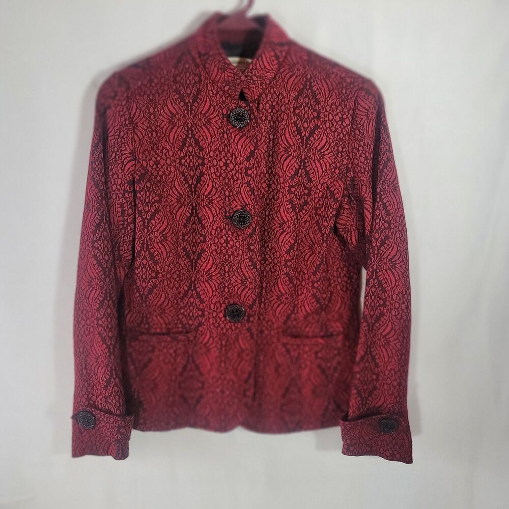 Coldwater Creek Red Black Jacquard Tapestry Blazer Jacket Size 6 Artistic Boho